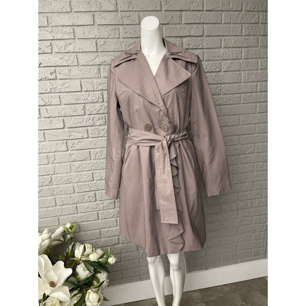 Tahari Women Long Sleeve Double Breasted Tie Waist Ruffle Front Trench Coat Dres